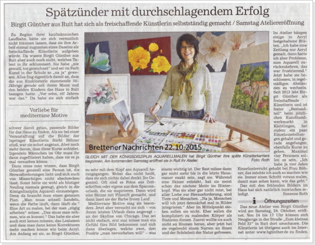 Ateliereröffnung - Brettener Nachrichten - Okt 2015 Ateliereröffnung - Brettener Nachrichten - Okt 2015