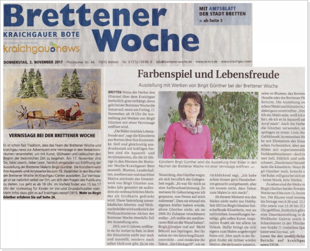 Einladung zur Vernissage bei der Brettener Woche - Nov 2017 Einladung zur Vernissage bei der Brettener Woche - Nov 2017